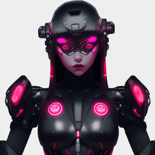 AI generated: Futuristic cyborg girl featuring a captivating cybernetic helmet adorned with vibrant triangular red...