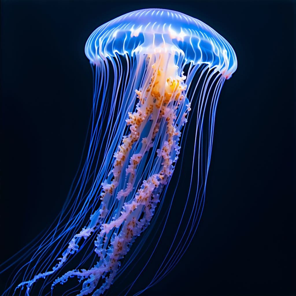 AI generated: Man of war jellyfish , extremely long, clown fish swimming in the tenacles ,bioluminisce, creatures,...