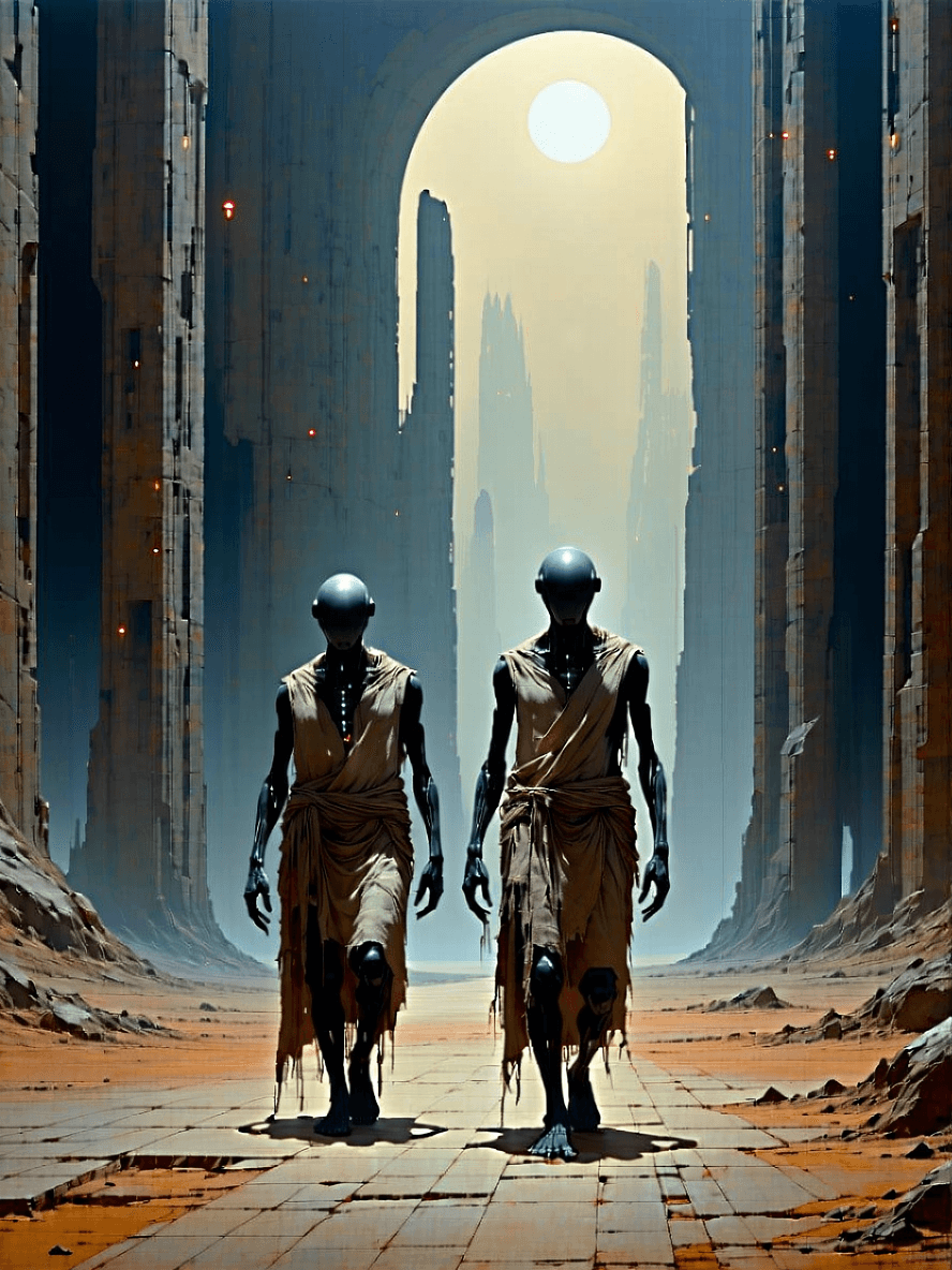 AI generated: /Artprompt Sci-fi, create a dystopian futuristic scene depicting two (strange beings:1.5) resembling...