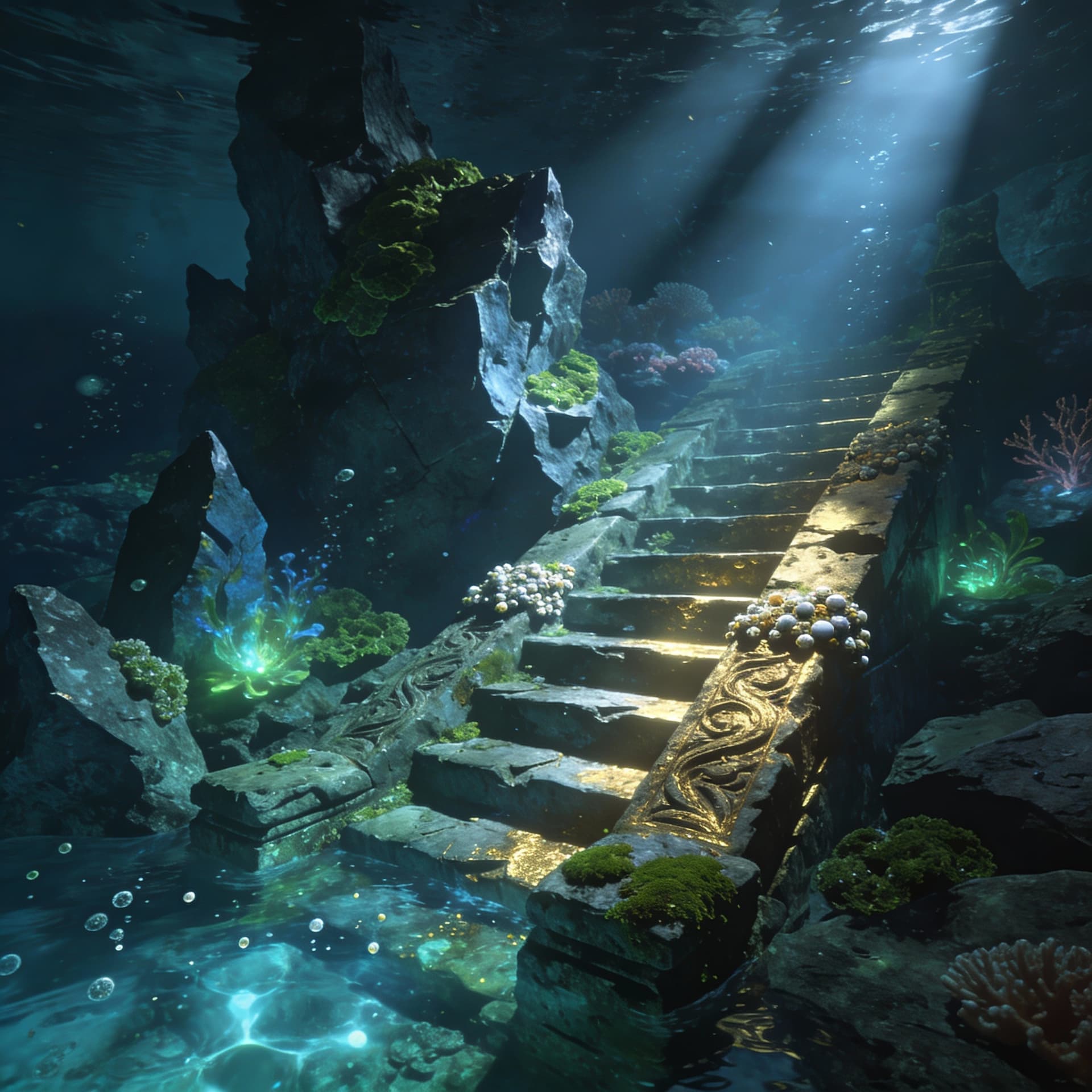 AI generated: A contrasting shot of natural, chaotic underwater rock formations versus the ancient staircase, ultr...
