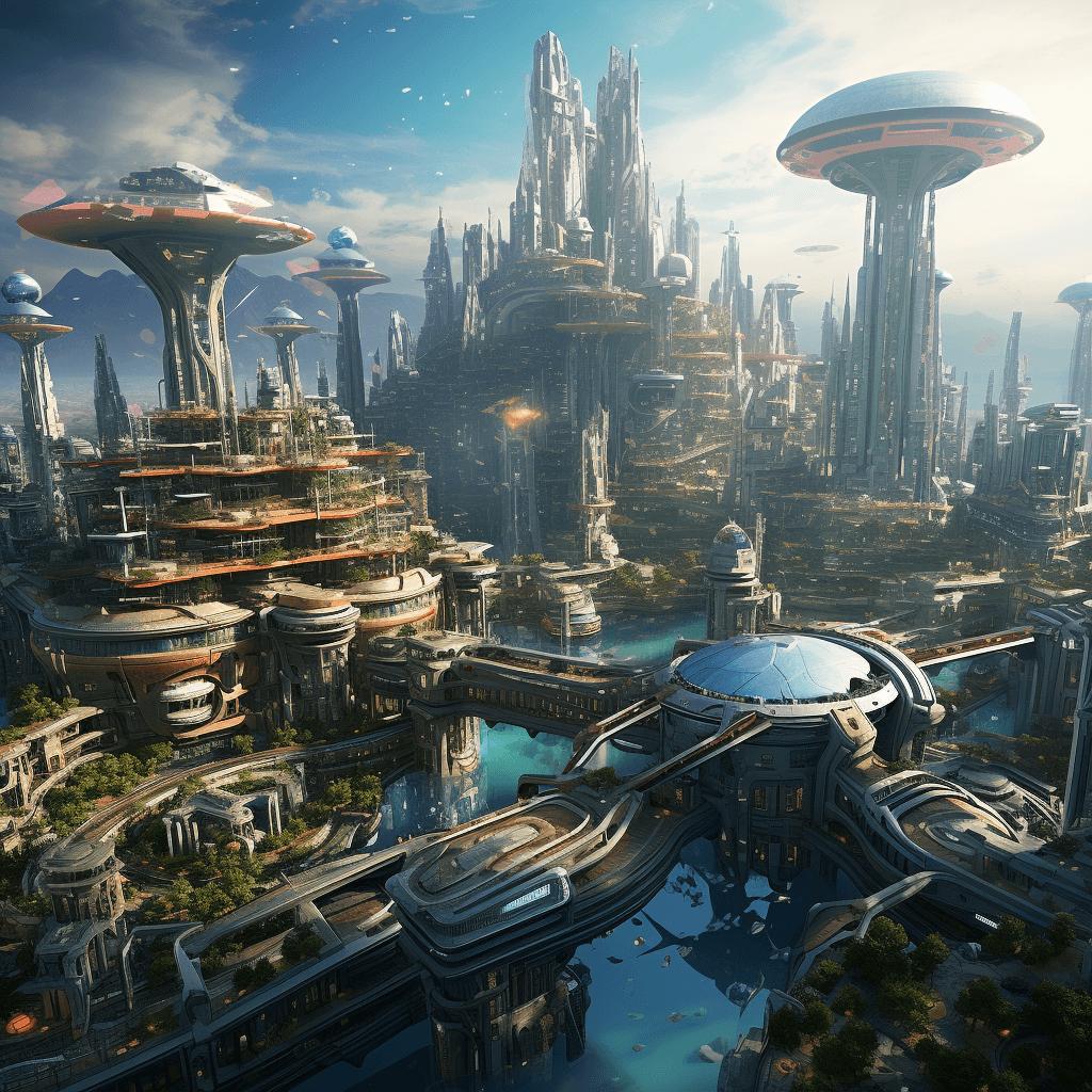 AI generated: some futuristic city and flying ships, in the style of spiritual landscape, national geographic phot...