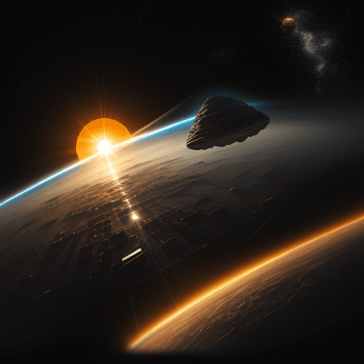 AI generated: a city in a space, asteroids, sun 
