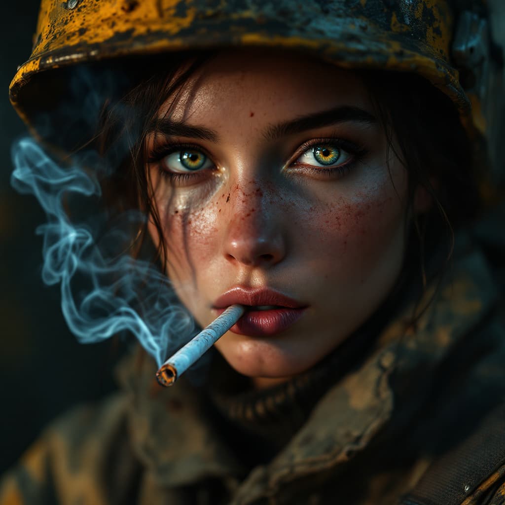 AI generated:  photo of the most beautiful artwork in the world for a woman featuring soft lustrous,she is Smoking...