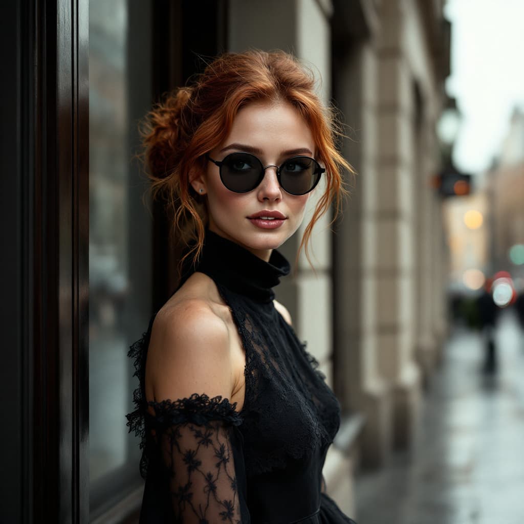 AI generated: High-resolution photograph of a slim, 30-year-old redheaded European woman, radiating a shy yet allu...