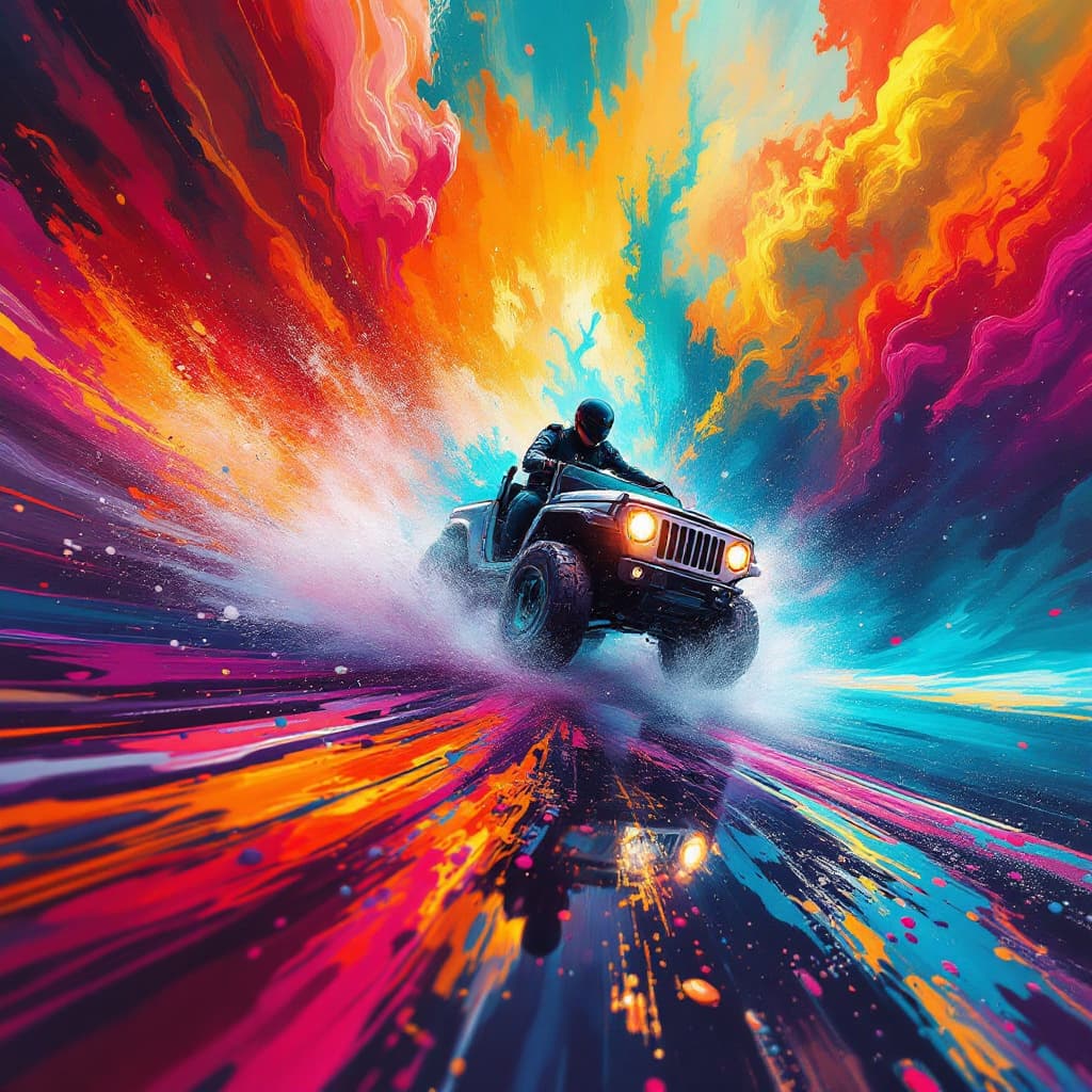 AI generated: artistic, water artistic, water painting style, art piece showing a man riding a futuristic jeep wit...