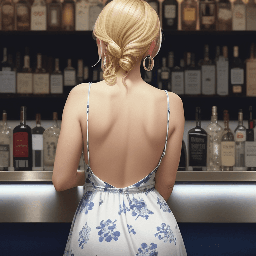 AI generated: A woman stands at a bar counter, back to the camera, looking over her shoulder with a slight smile. ...