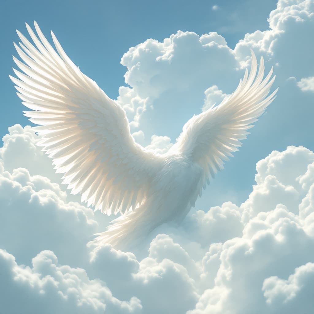 AI generated: Delicate bright white Angel wings in the clouds, male masculine  angel, blue sky --ar 3:4 --style ra...
