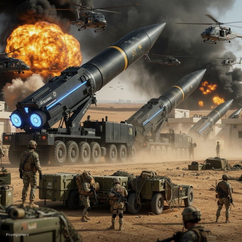 AI generated: A high-intensity military scene in a desert environment featuring multiple large, futuristic black m...
