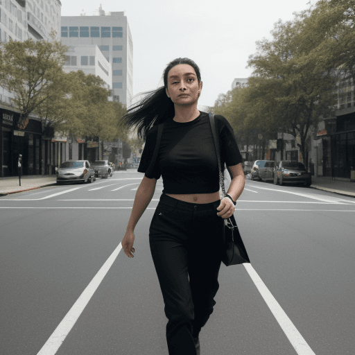AI generated: The image features a  man wearing a black shirt and black pants, walking down a street while carryin...