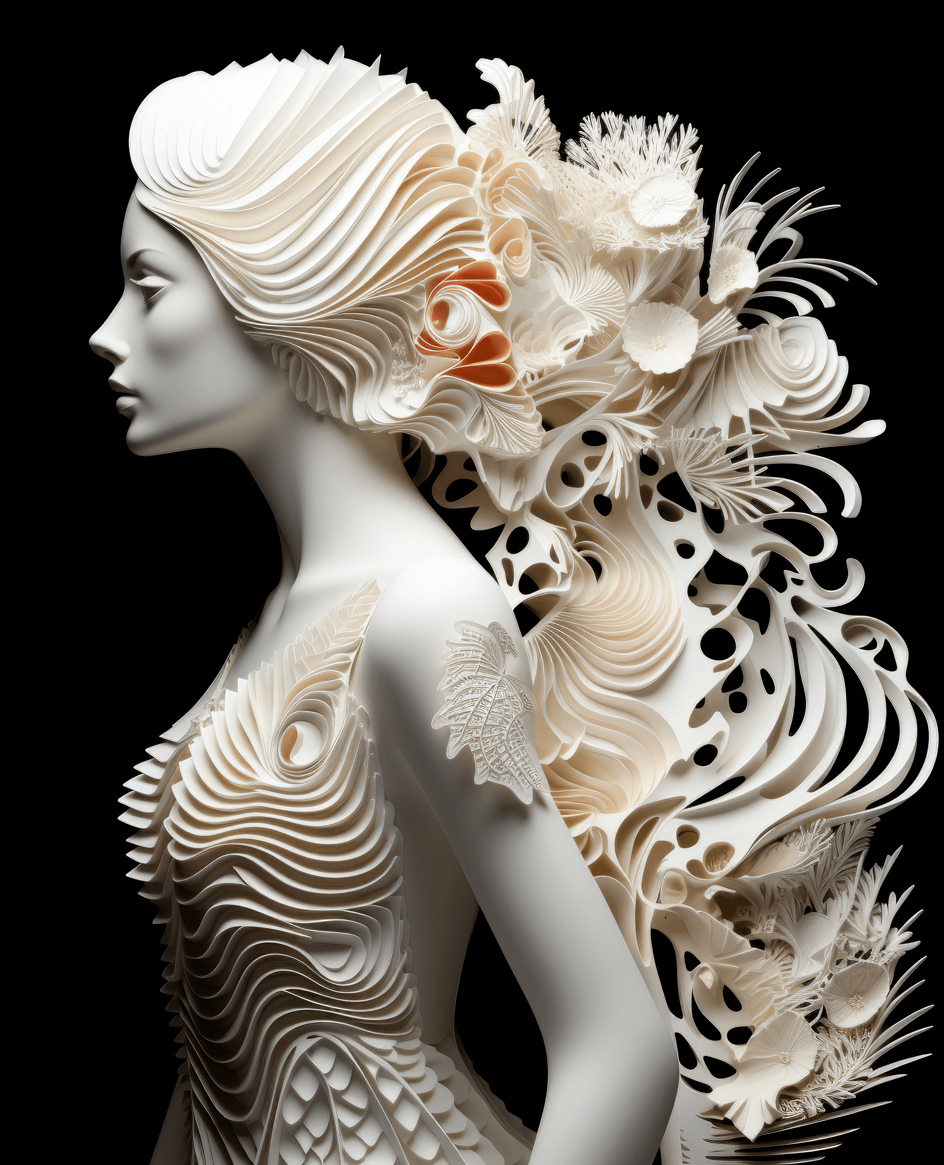 AI generated: by rue feitner, mashups using silhouettes of women wearing floral pieces, in the style of cellular f...