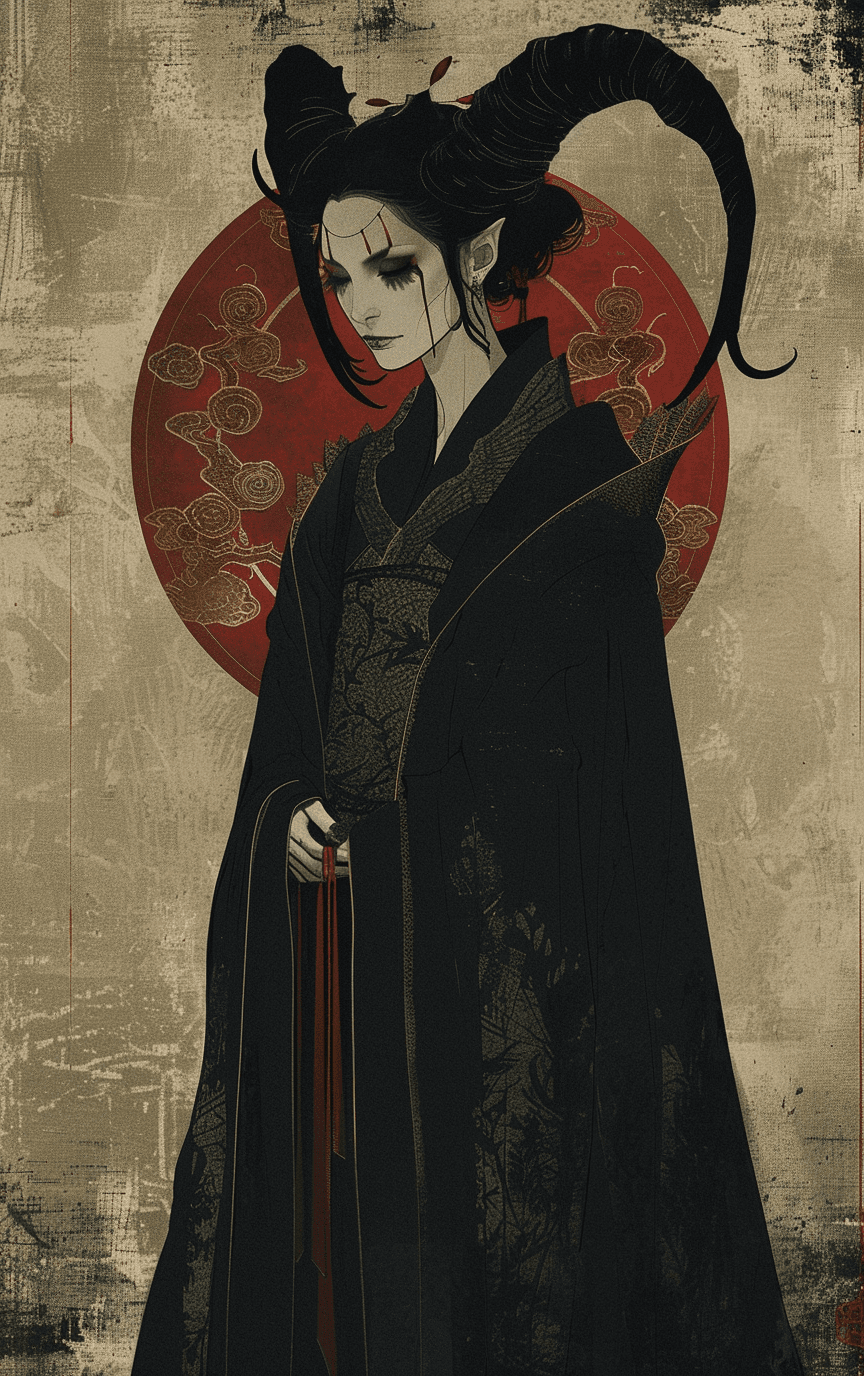 AI generated: chinese woman in black robe with horns, in the style of dan matutina, simplified and stylized portra...