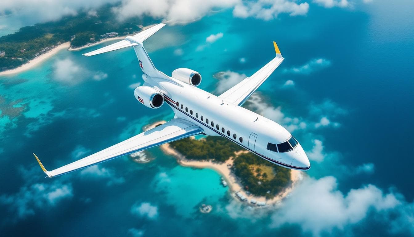 AI generated: High angle view of a luxurious private jet flying with the USA government emblem over a tropical isl...