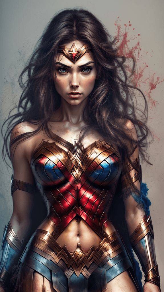 AI generated: Art by Carne Griffiths, Wonder Woman, perfect face, perfect body, Knitting clothes, perfect digital ...