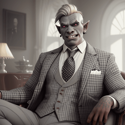 AI generated: a stout male orc wearing a light grey checked blazer, dark trousers, cream lapeled waistcoat, white ...