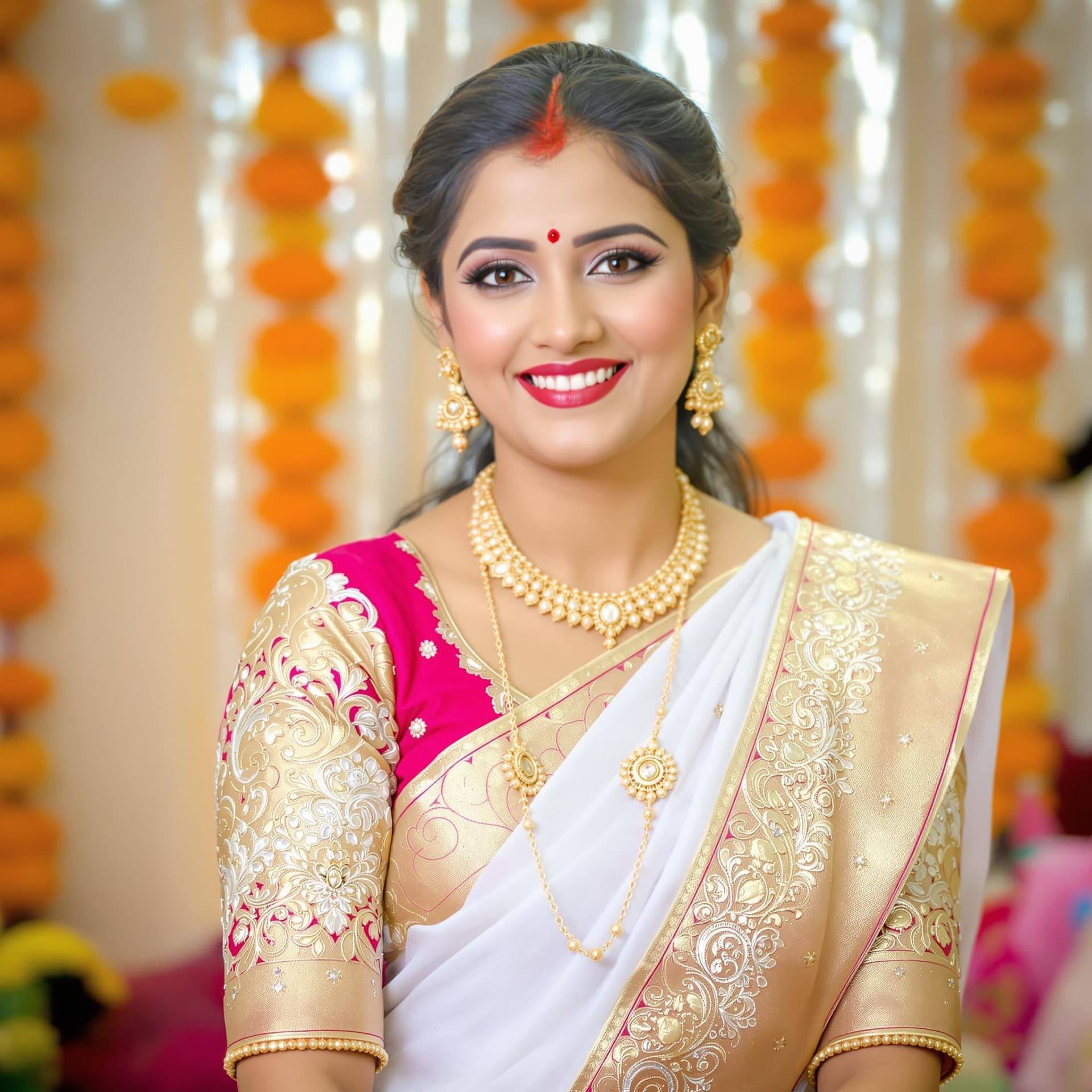 AI generated: The image features a woman dressed in traditional attire, specifically a white and gold saree with a...