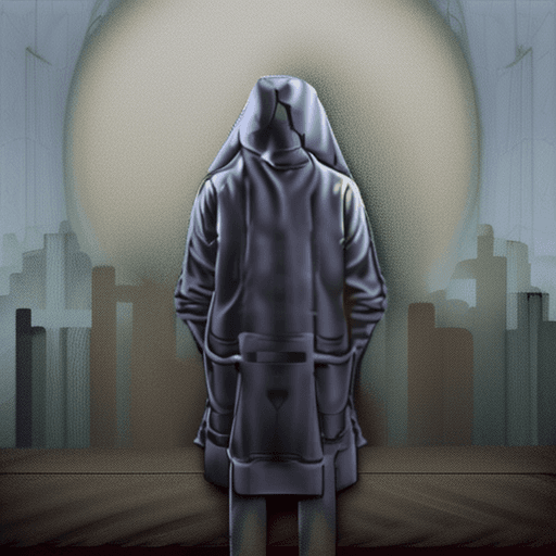 AI generated: Realistic image of post-apocalyptic city. Hooded person from the back.