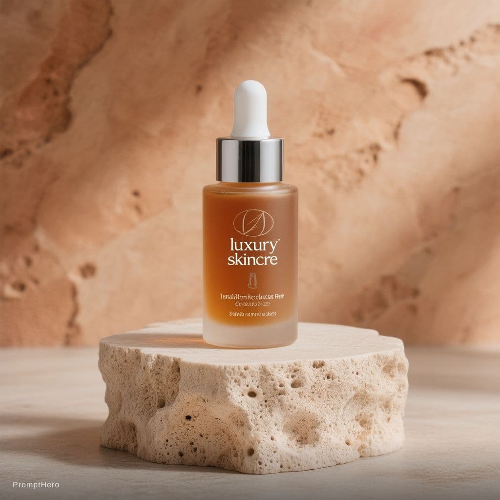 AI generated: “luxury skincare serum product photography, warm earthy tones, soft shadows, travertine stone pedest...