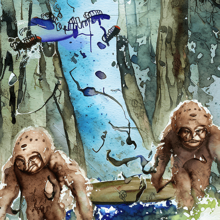 AI generated: High resolution Sasquatch protecting cubs from humans hunters in the dense forests of oregon. splutt...