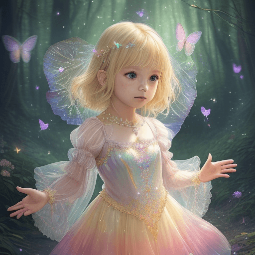 AI generated: a 5-year-old blonde girl clothes are adorned with shimmering iridescent silks, intricate lace, and d...