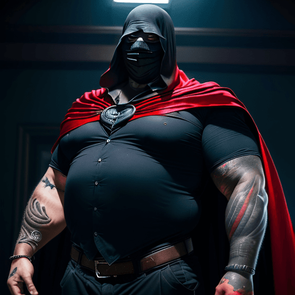 AI generated: high quality foto of a big man, wearing a black mask, dark looking eyes, in a dark blue atmosphere, ...