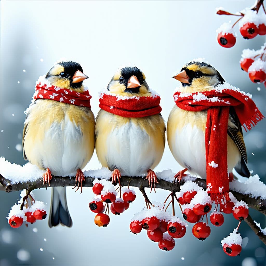 AI generated: Three chubby goldfinches in scarves sitting on a rowan tree against snow, cartoon style.