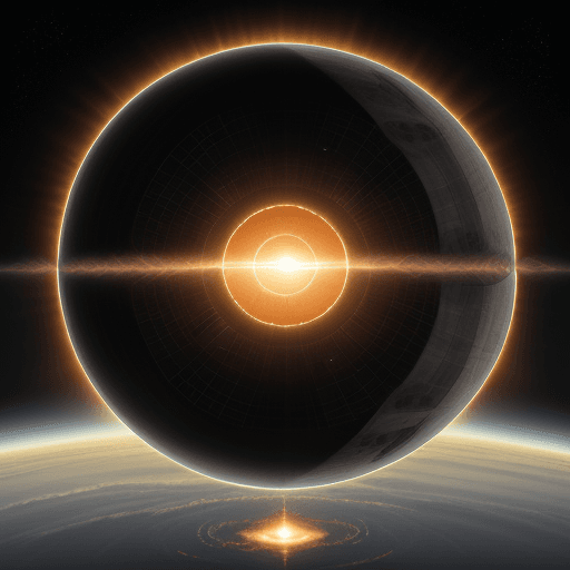 AI generated: illustration of A colossal, terrifying, and austere Dyson sphere, featuring two intersecting rings e...