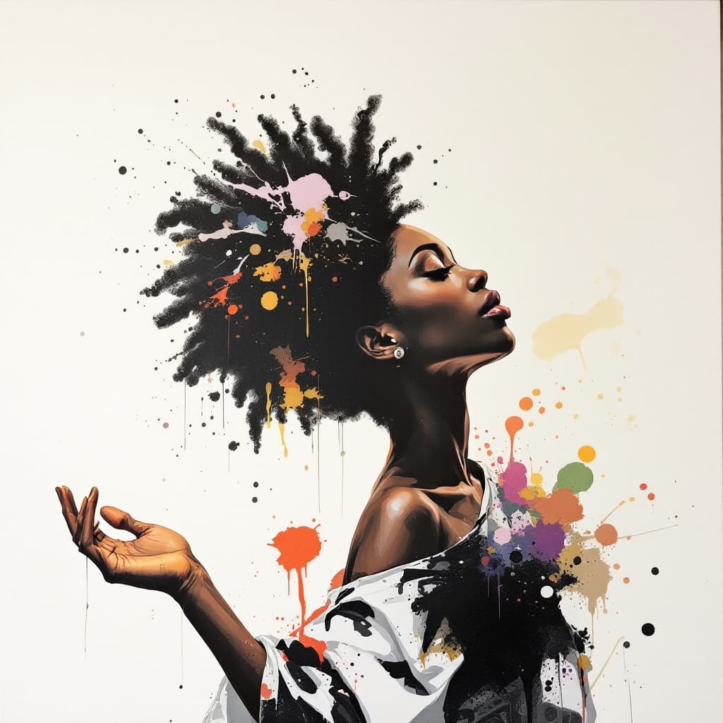 AI generated: A woman on afro hair, hands raised in veneration to the creator, her head raised and slightly bent b...