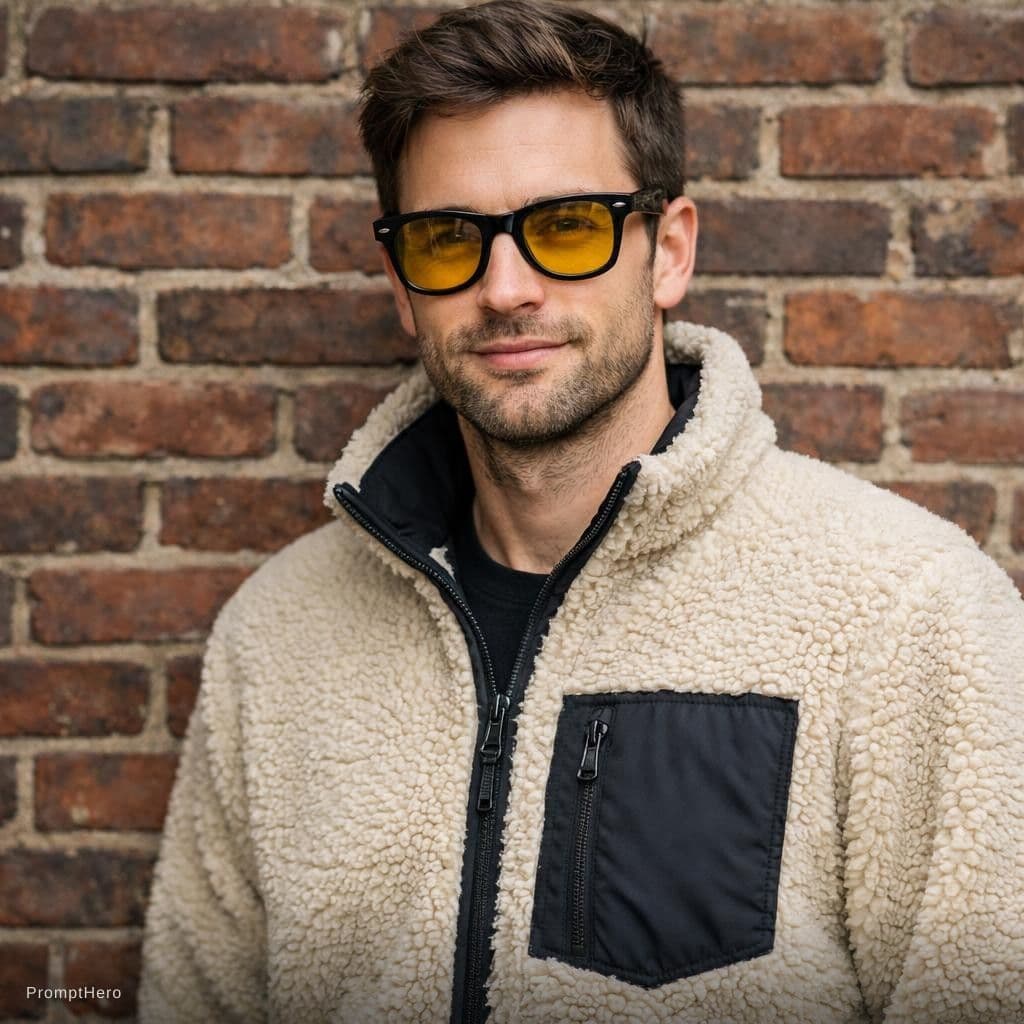 AI generated: Person in Fleece Jacket
A person wearing a cozy fleece jacket and stylish black glasses with yellow ...