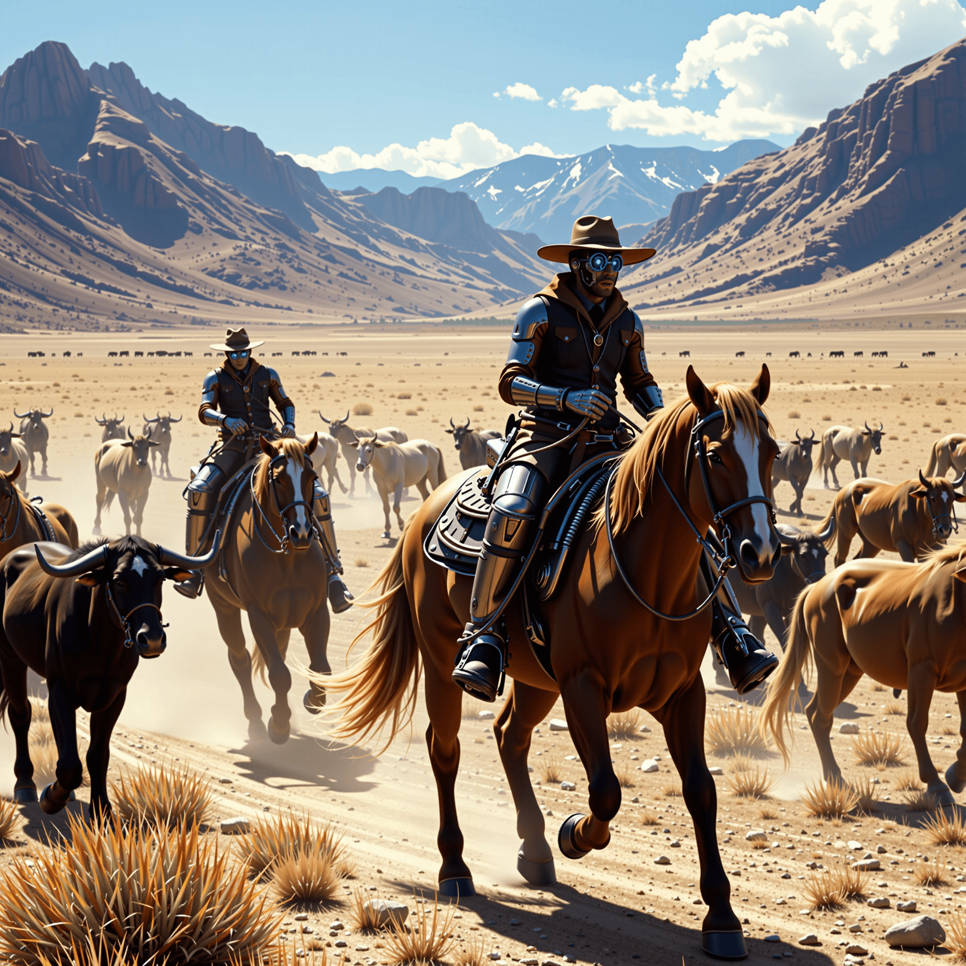 AI generated: A classic Wild West scene reimagined with cybernetic cowboys on horseback herding cattle across vast...