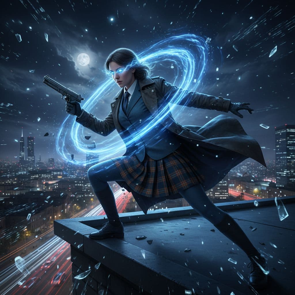 AI generated: there is a woman in a plaid skirt posing for a picture, , ((official uniform)), female spy, glowing ...