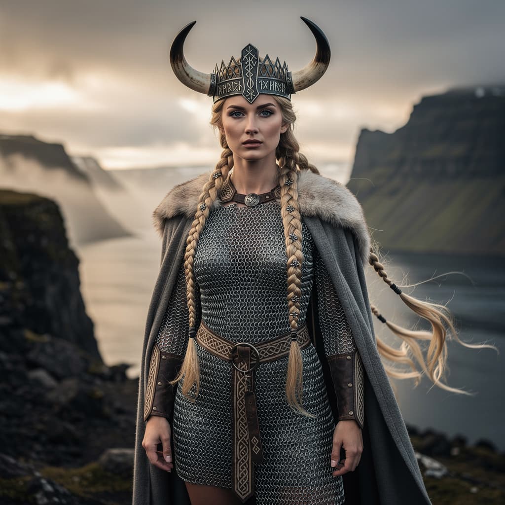 AI generated: A beautiful Icelandic viking princess,  dressed in a revealing chain mail bikini and long blond brai...