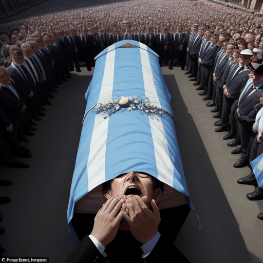 AI generated: in a coffin, is laying the argentinian flag, with people around crying his lost 
