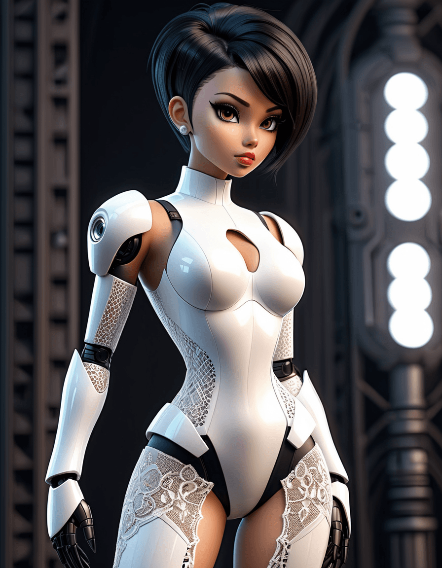 AI generated: nsfw, cartoon style, full length view of a standing beautiful female robot, intricate lacy body and ...