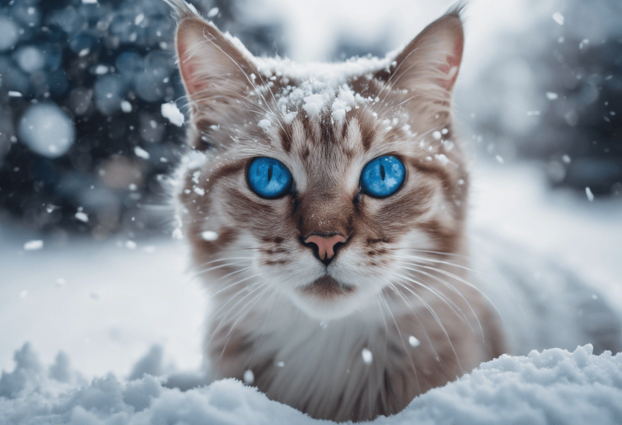 AI generated: a cat under the snow with blue eyes, covered by snow, cinematic style, medium shot, professional pho...
