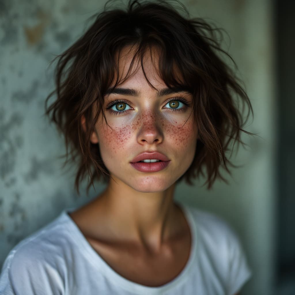 AI generated: detailed and realistic portrait of a woman with a few freckles, round eyes and short messy hair shot...