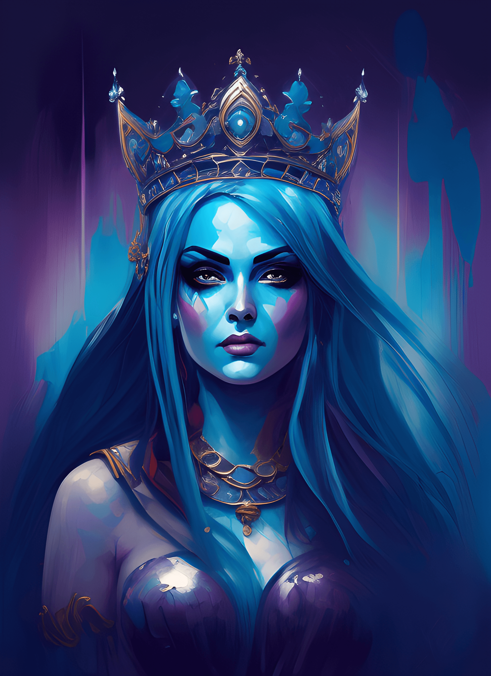 AI generated: a painting of a woman with blue hair and a crown on her head, painted in the style arcane, epic fant...