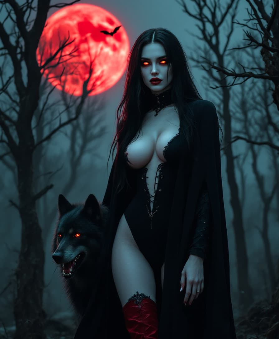 AI generated: full body view, portrait of a photo-realistic beautiful 25-year-old female vampire with long black h...