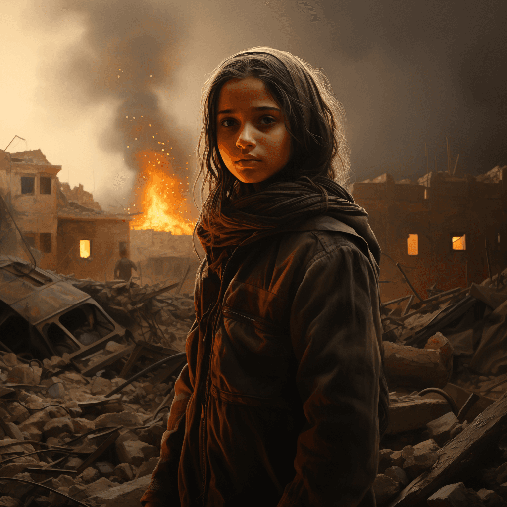 AI generated: A realistic image of a palestinian young girl, 13 years old, in a war gaza city, her facial expressi...