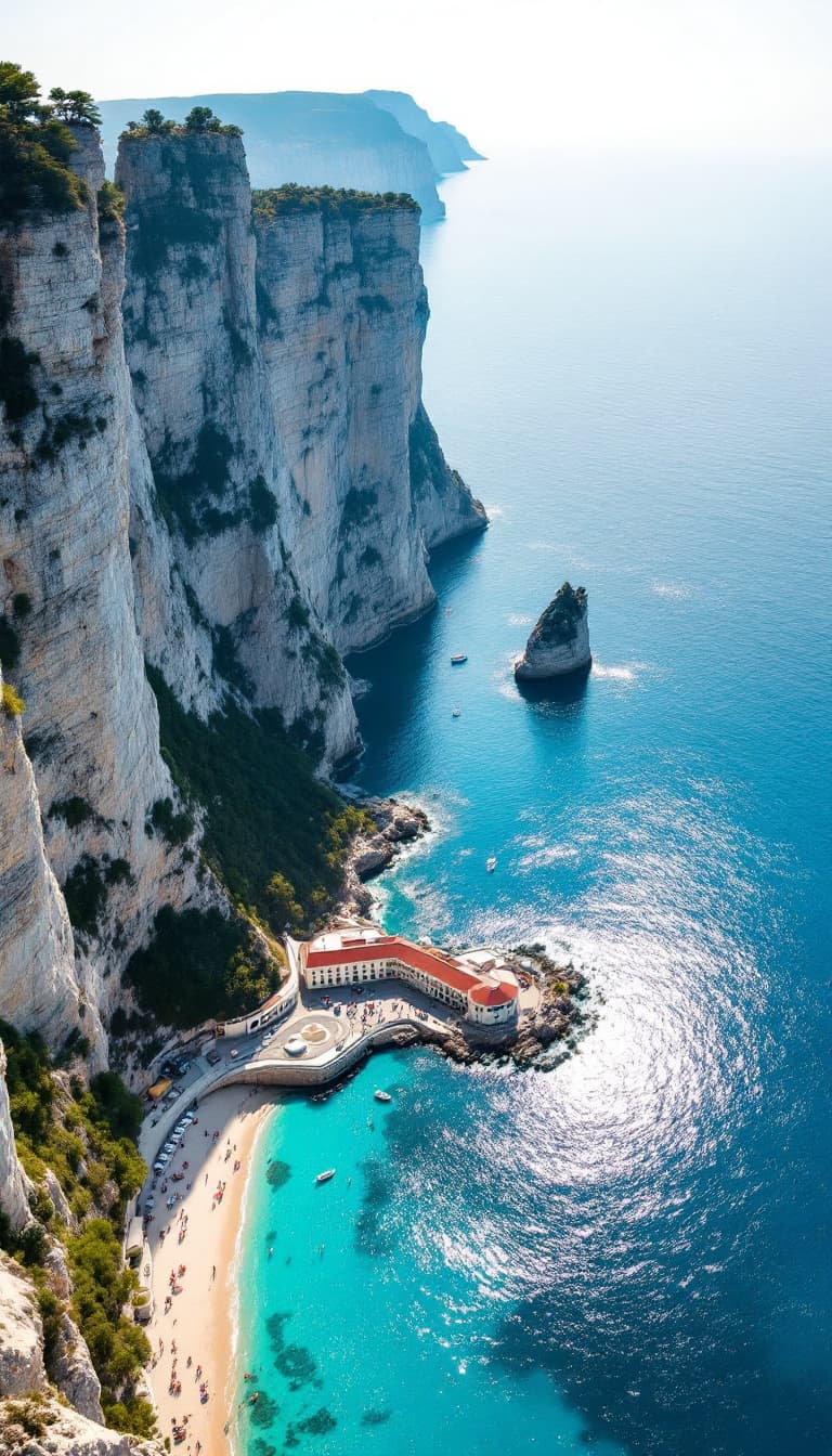 AI generated: A breathtaking drone shot of the Crimean coastline, featuring towering limestone cliffs plunging int...
