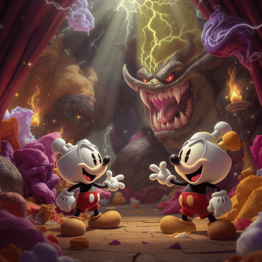 AI generated: Render 3D de alta calidad con personajes inspirados en Cuphead, representados con texturas suaves y ...
