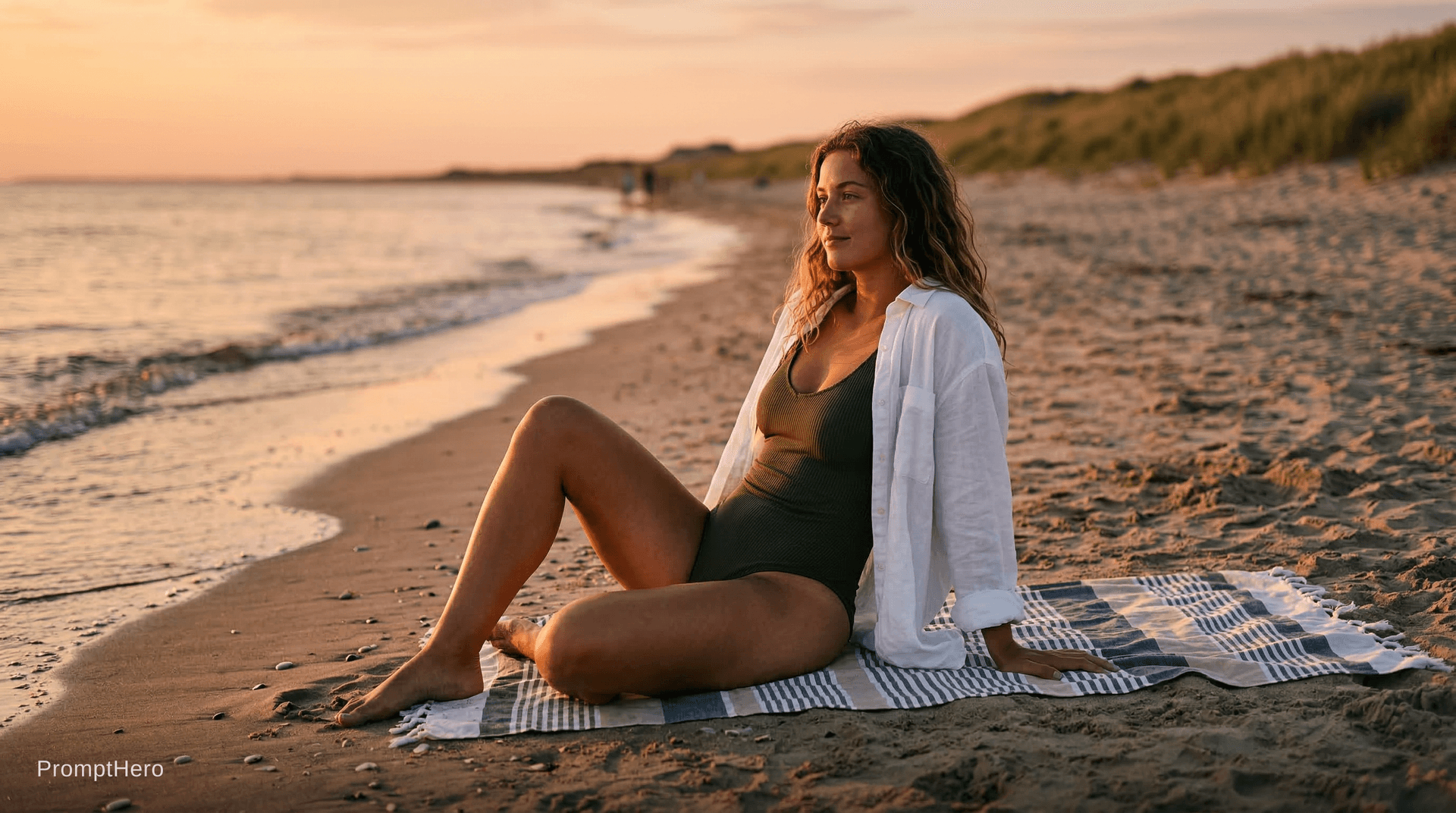 AI generated: photorealistic, height details, very sexy erotic girl seating on sea beach in evening sun