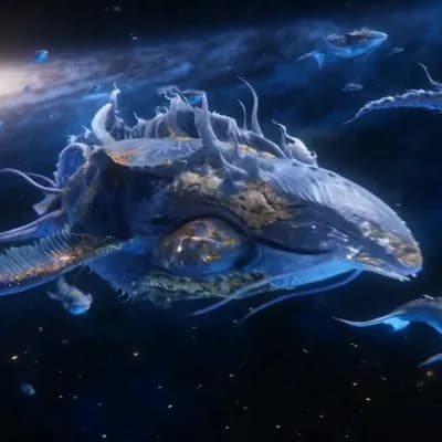 AI generated video: A vast outer space filled with a majestic pod of space whales gliding through starfields and nebulae...