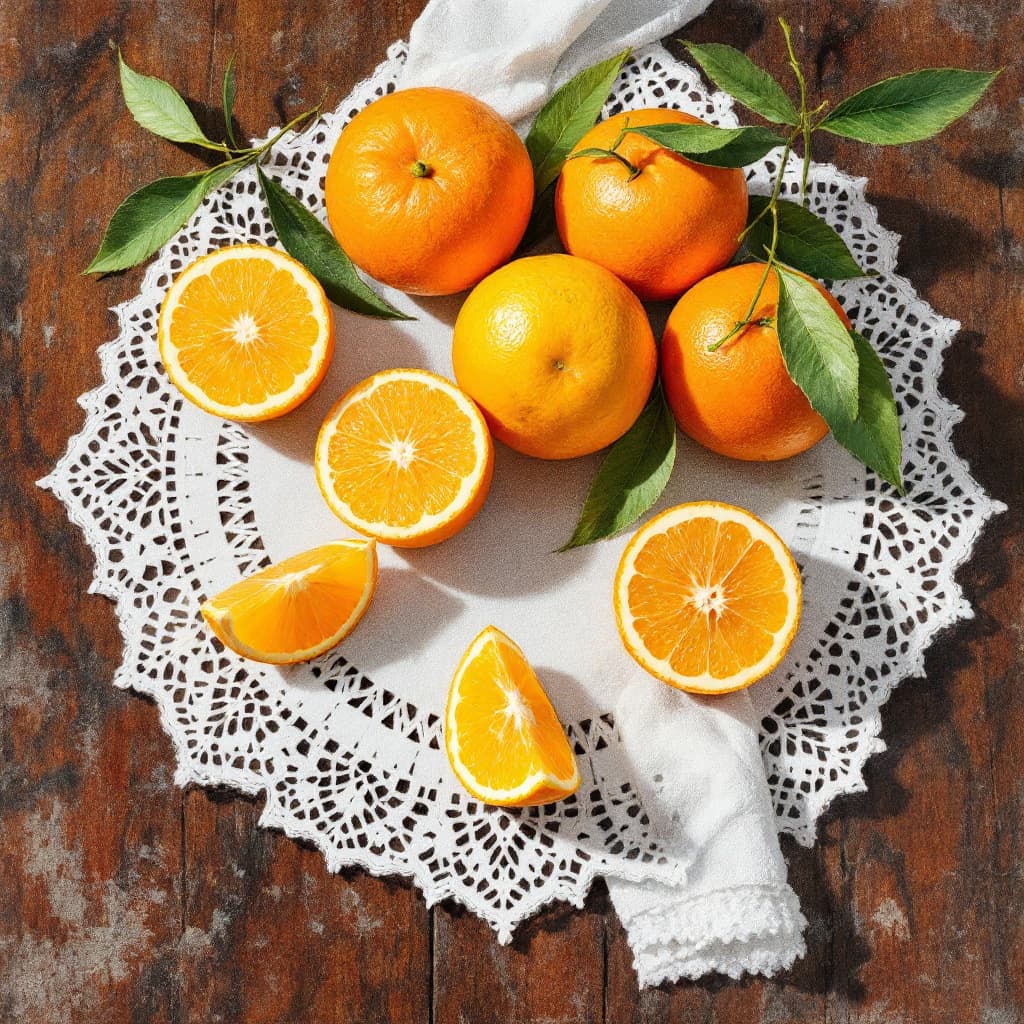 AI generated: hyper realistic various sliced mandarins  on a chalk white doily and dark mahogany grained table don...