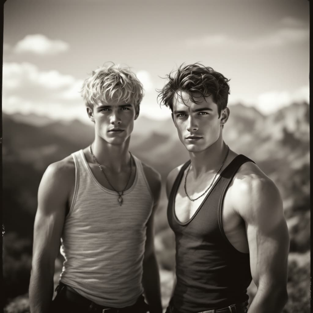 AI generated: Photograph of two young men, one with short blonde hair and the other with brown hair, standing in f...