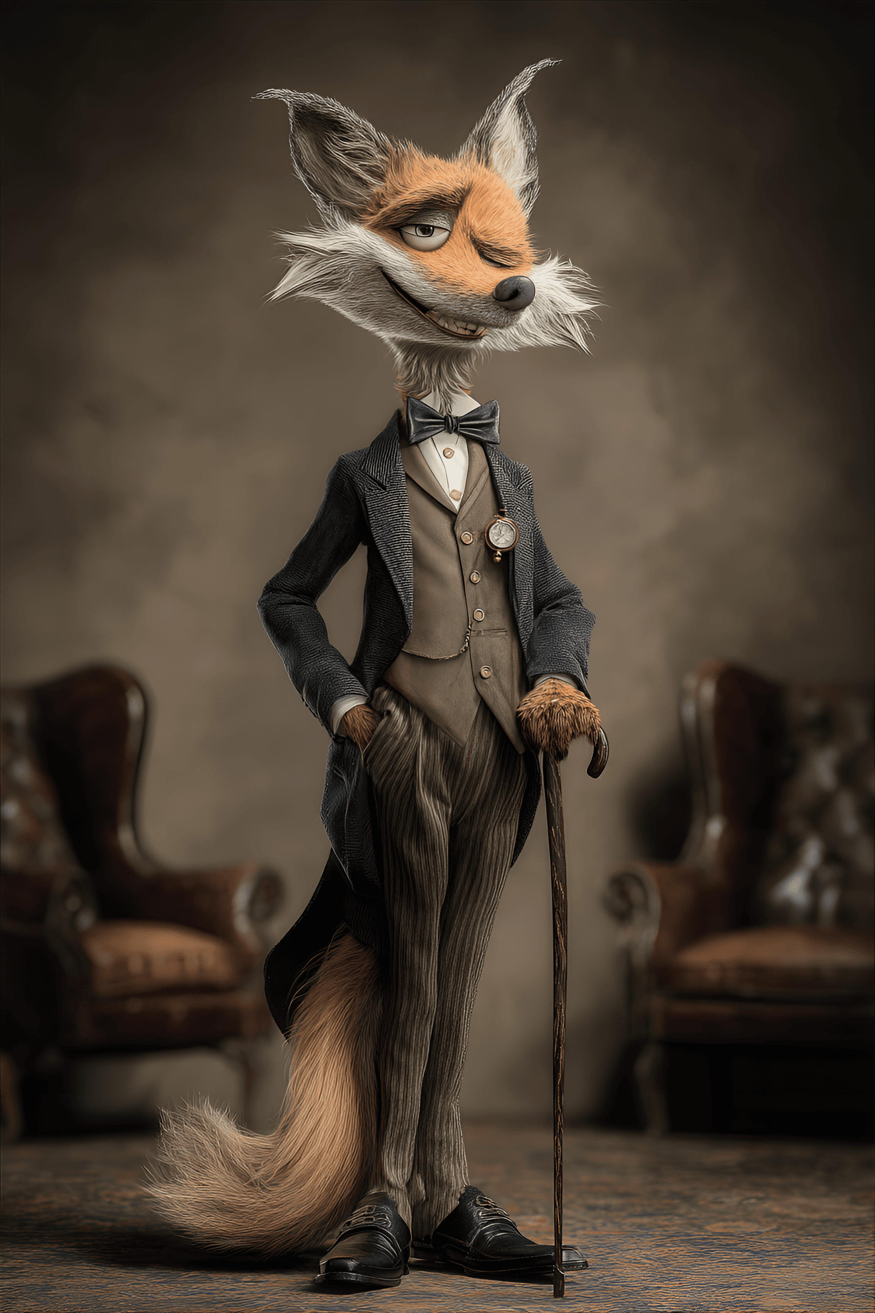 AI generated: funny caricature, dapper fox gentleman, 50 years old, sly, sophisticated, charming, elongated snout ...