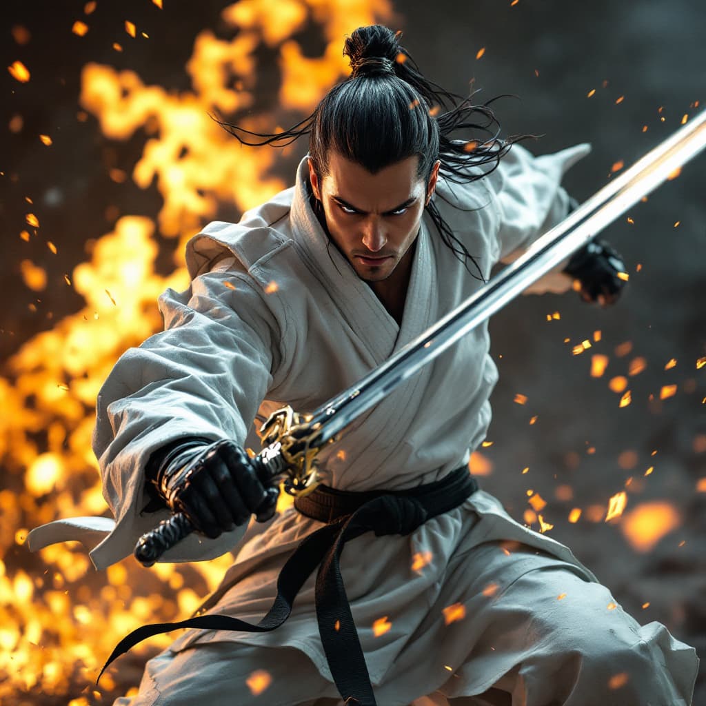 AI generated: Ultra high definition photography, futuristic black belt karate fighter, battle, full body, in the s...