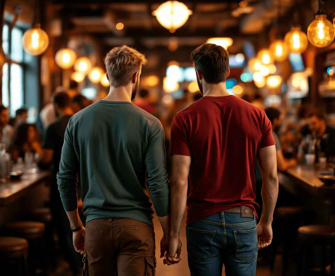 AI generated: View from behind, Hyper-realistic photography of two men (Tom and Mike), walking in a crowded bar. M...
