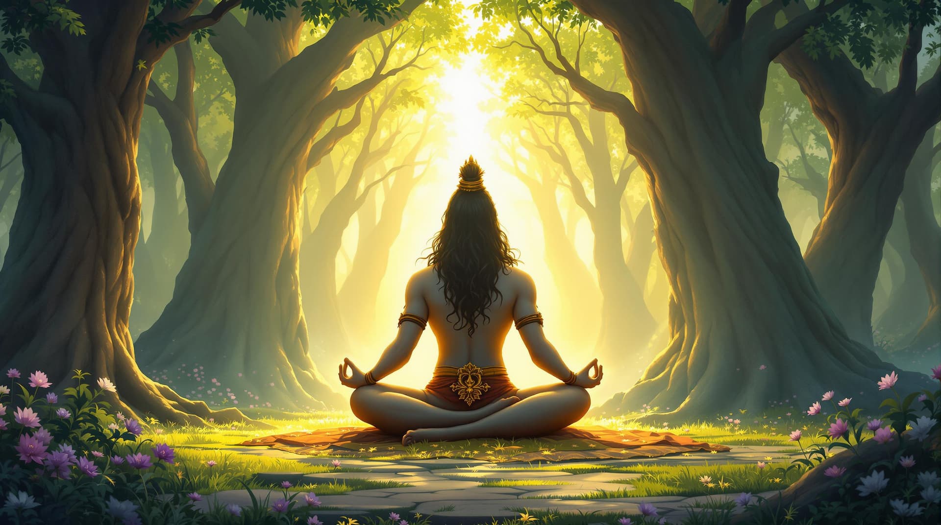AI generated: "Illustrate Lord Shiva meditating in a mystical grove where soft golden light filters through toweri...