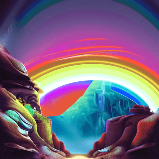AI generated: Rainbow Waterfalls flowing up to the cliffs above in an enchanted forest on Pluto, Photorealistic, D...