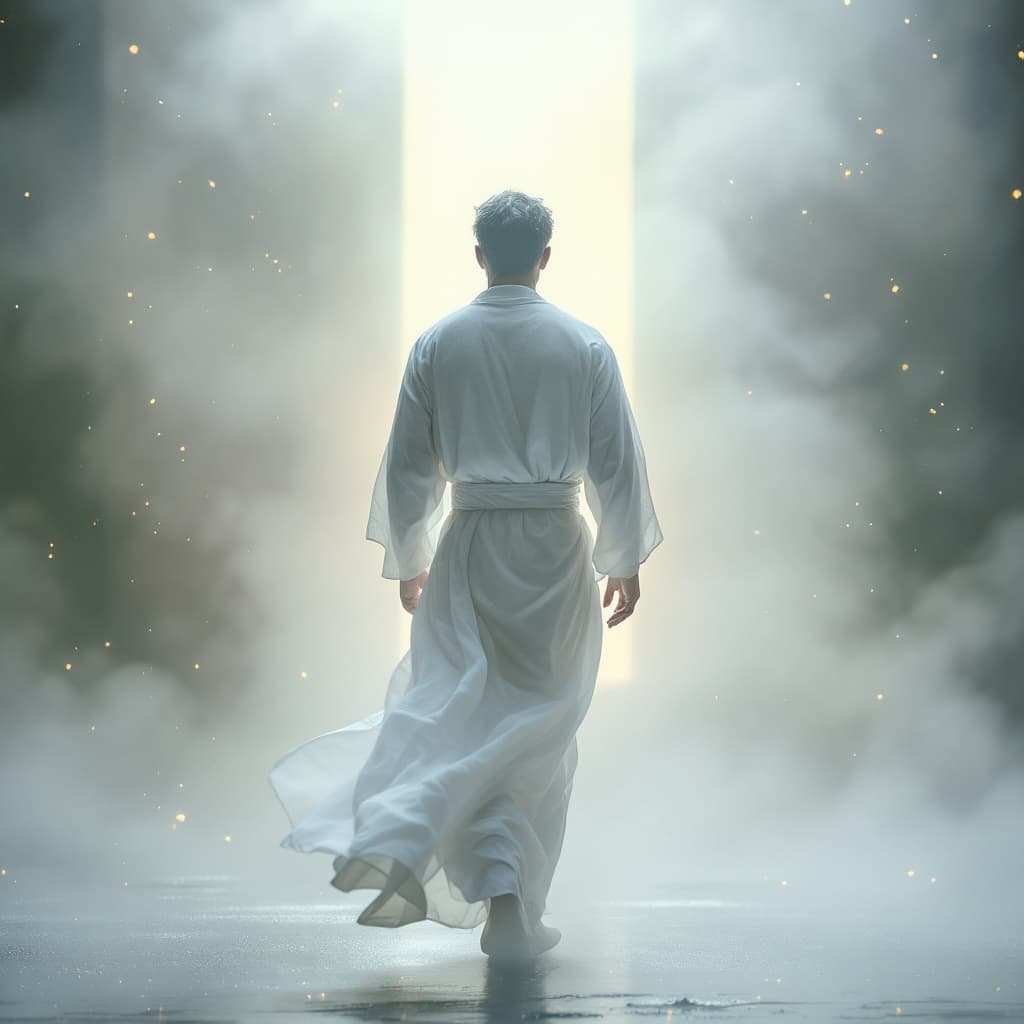 AI generated: A fine art, hyper-realistic, cinematic image of a man wearing a white long cotton robe with a sash, ...